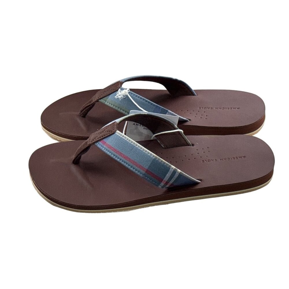 American Eagle Men's Brown Flip-Flops W/ Striped Straps Size 9 New W/ Tags - Picture 4 of 9